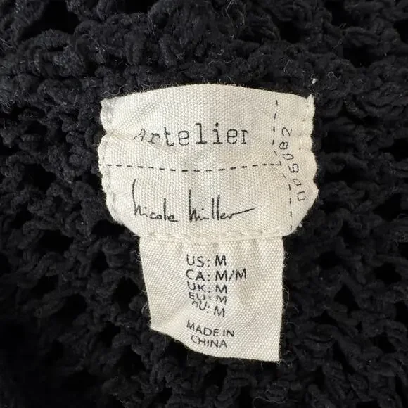 NICOLE MILLER ARTELIER Sweater Womens Medium Black Crochet Hoodie Vacation - Picture 11 of 11